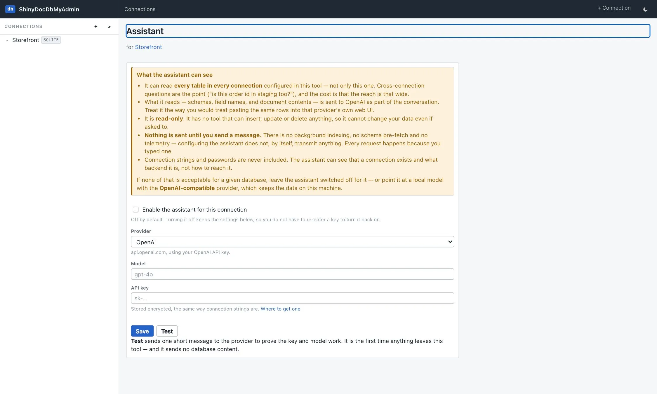 Assistant settings for a connection, with the disclosure panel about what it can see above the provider, model and key fields