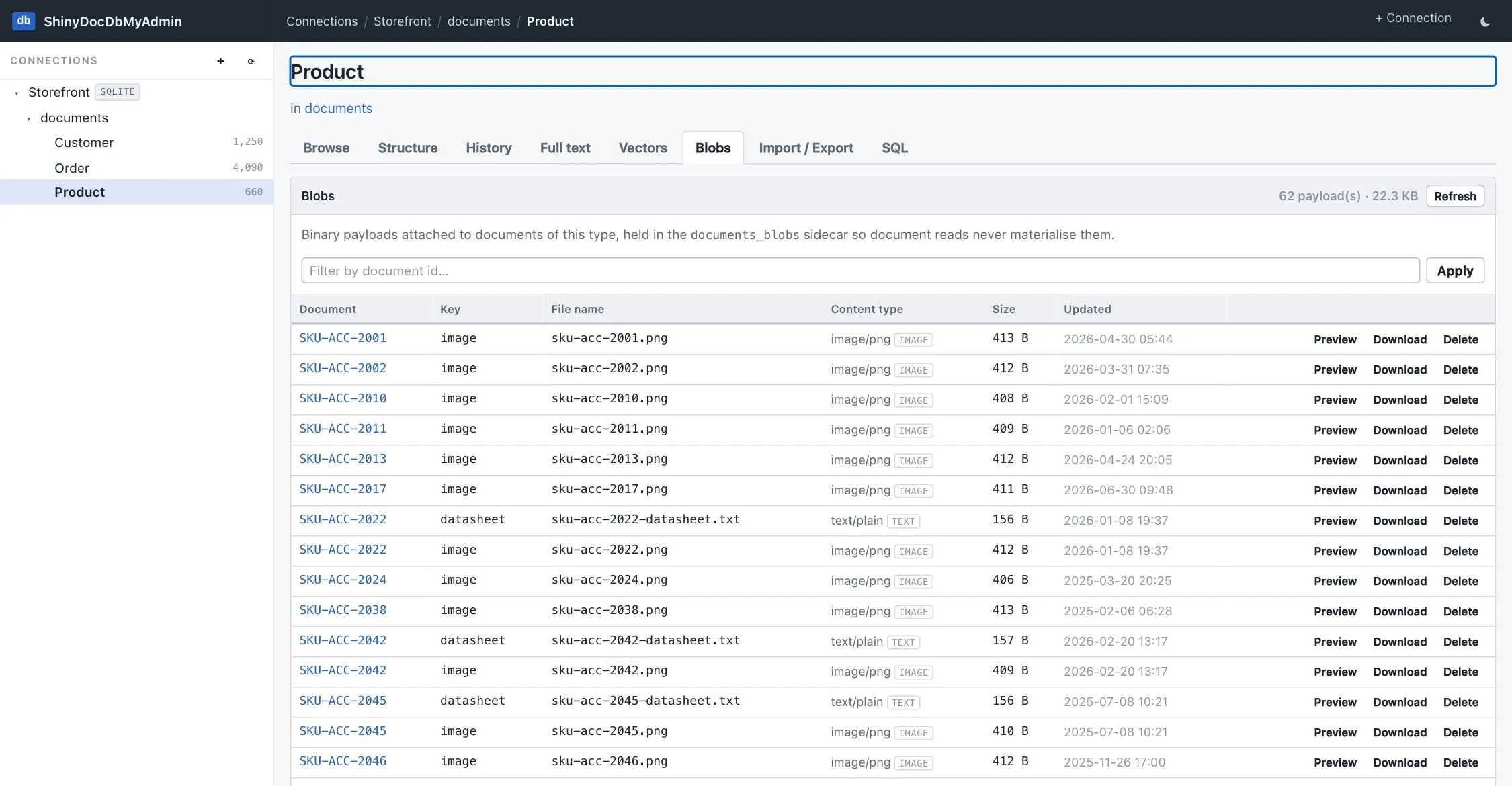 Blobs tab listing image and text payloads with key, file name, content type, size and updated time