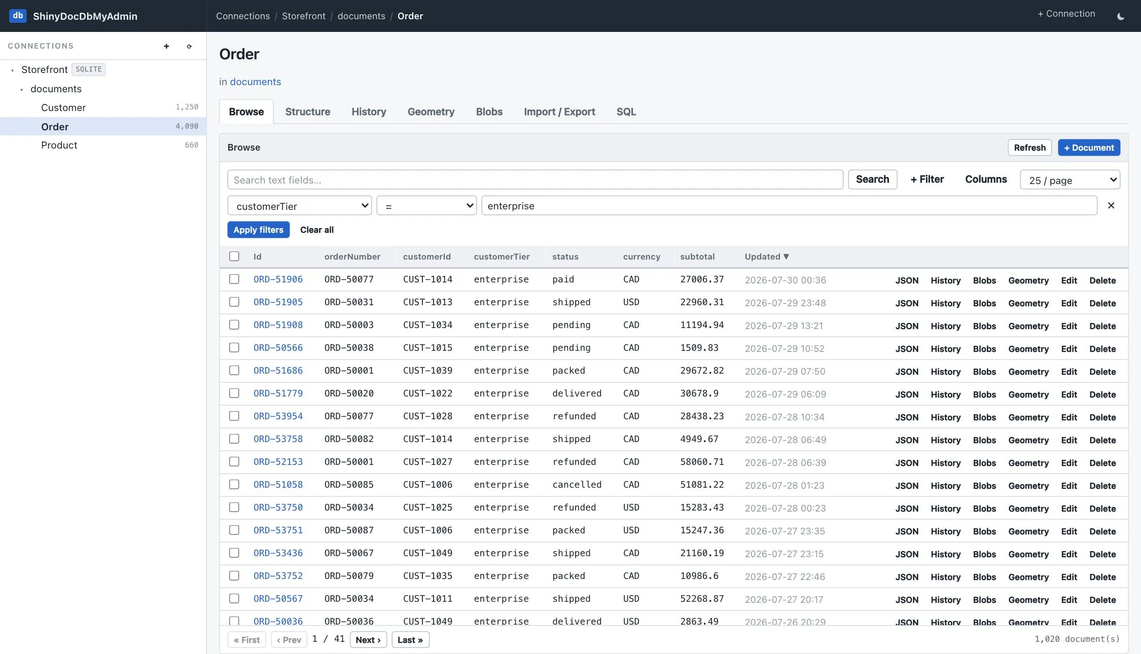 Browse grid filtered to customerTier equals enterprise, showing 1,020 matching documents