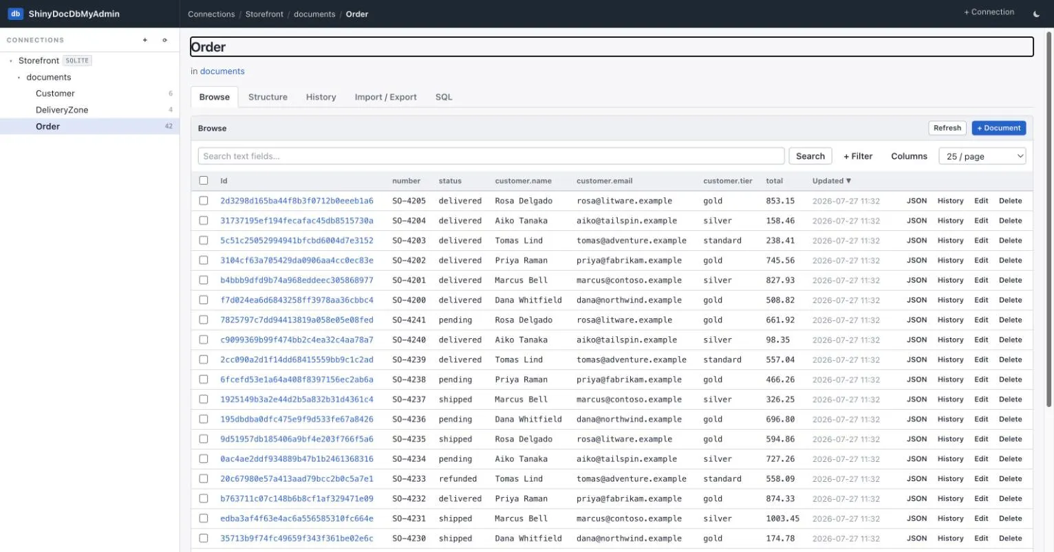Browse grid for the Order type with columns inferred from nested JSON paths