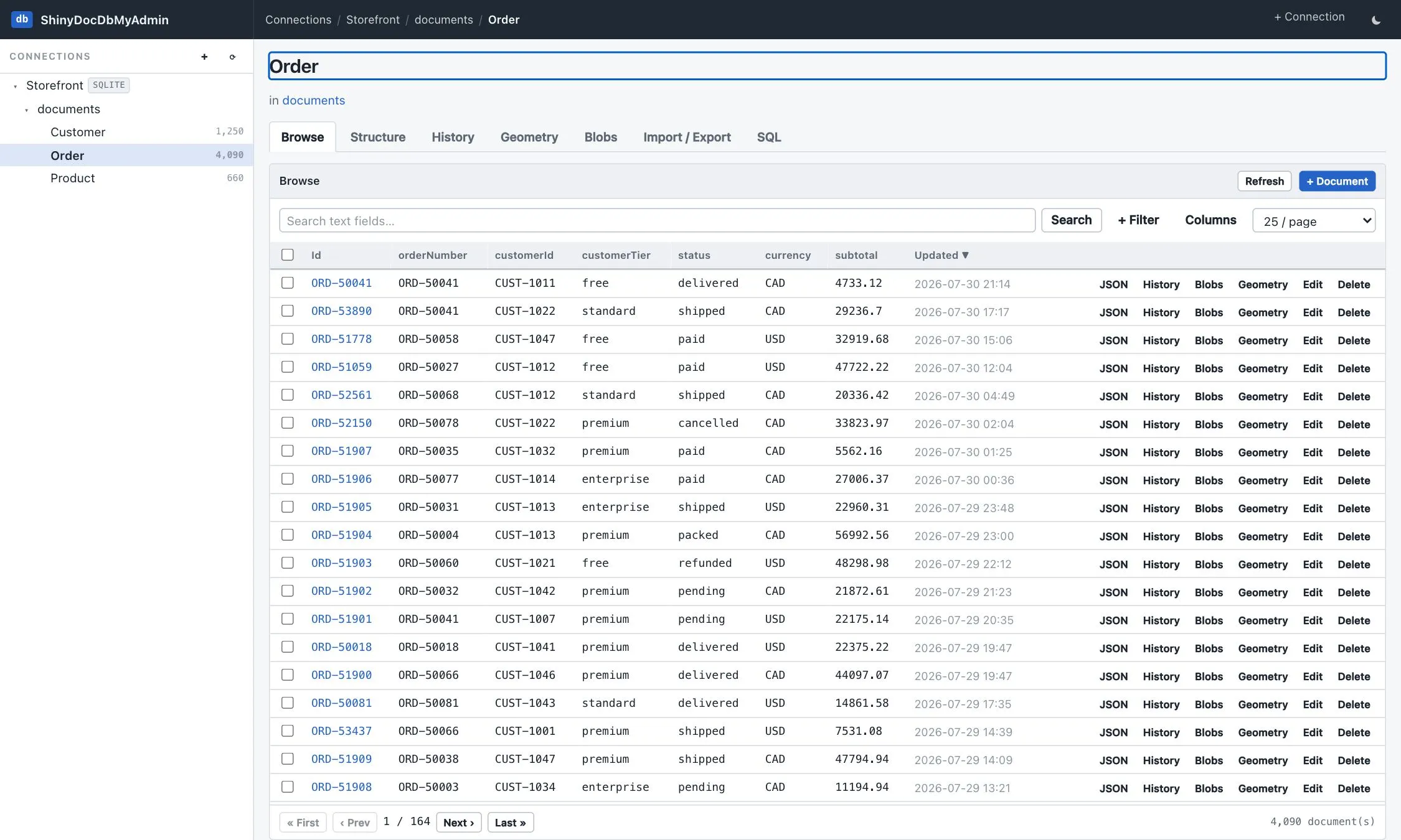 Browse grid for the Order type with columns inferred from nested JSON paths