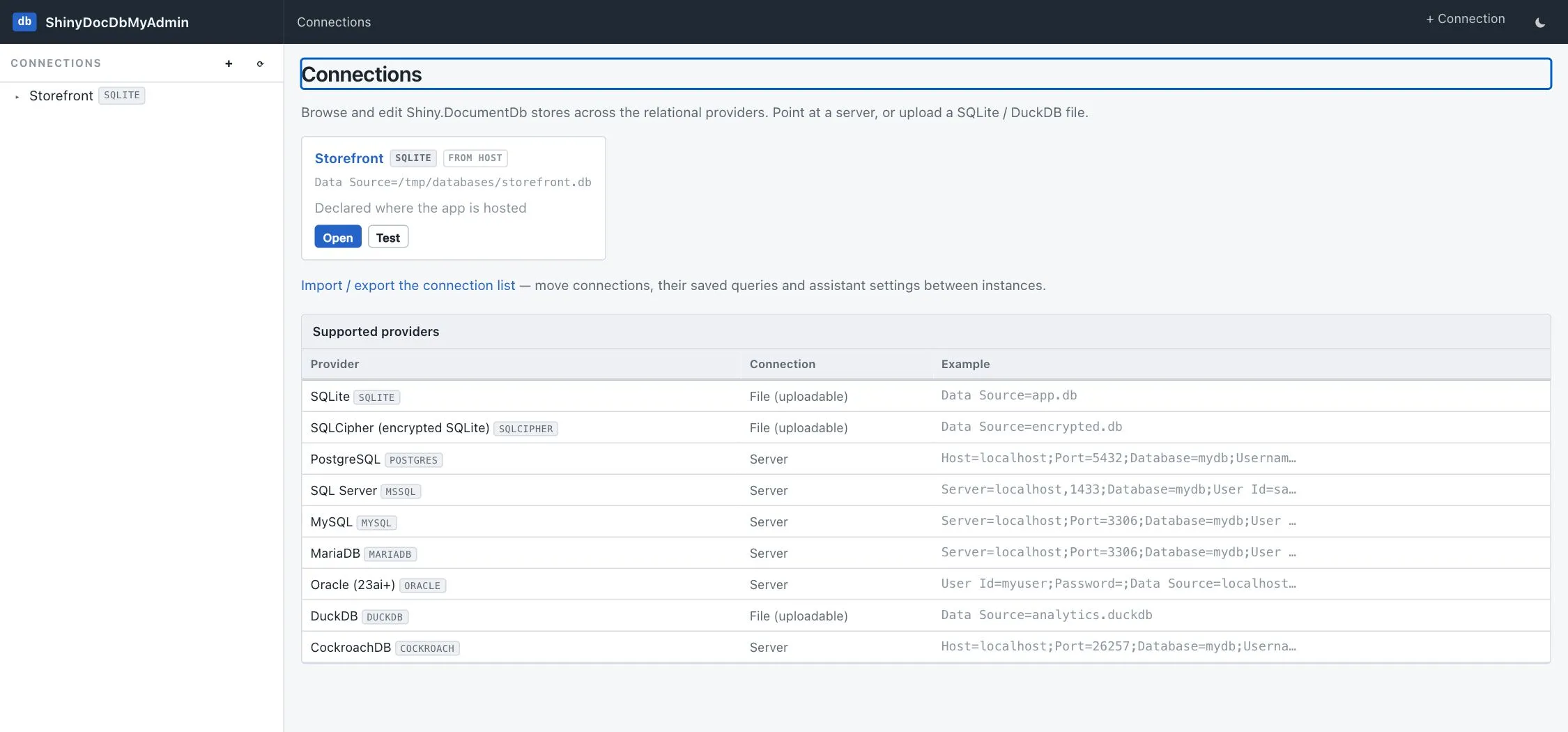 The connections page listing a host-provided SQLite connection above the supported provider table