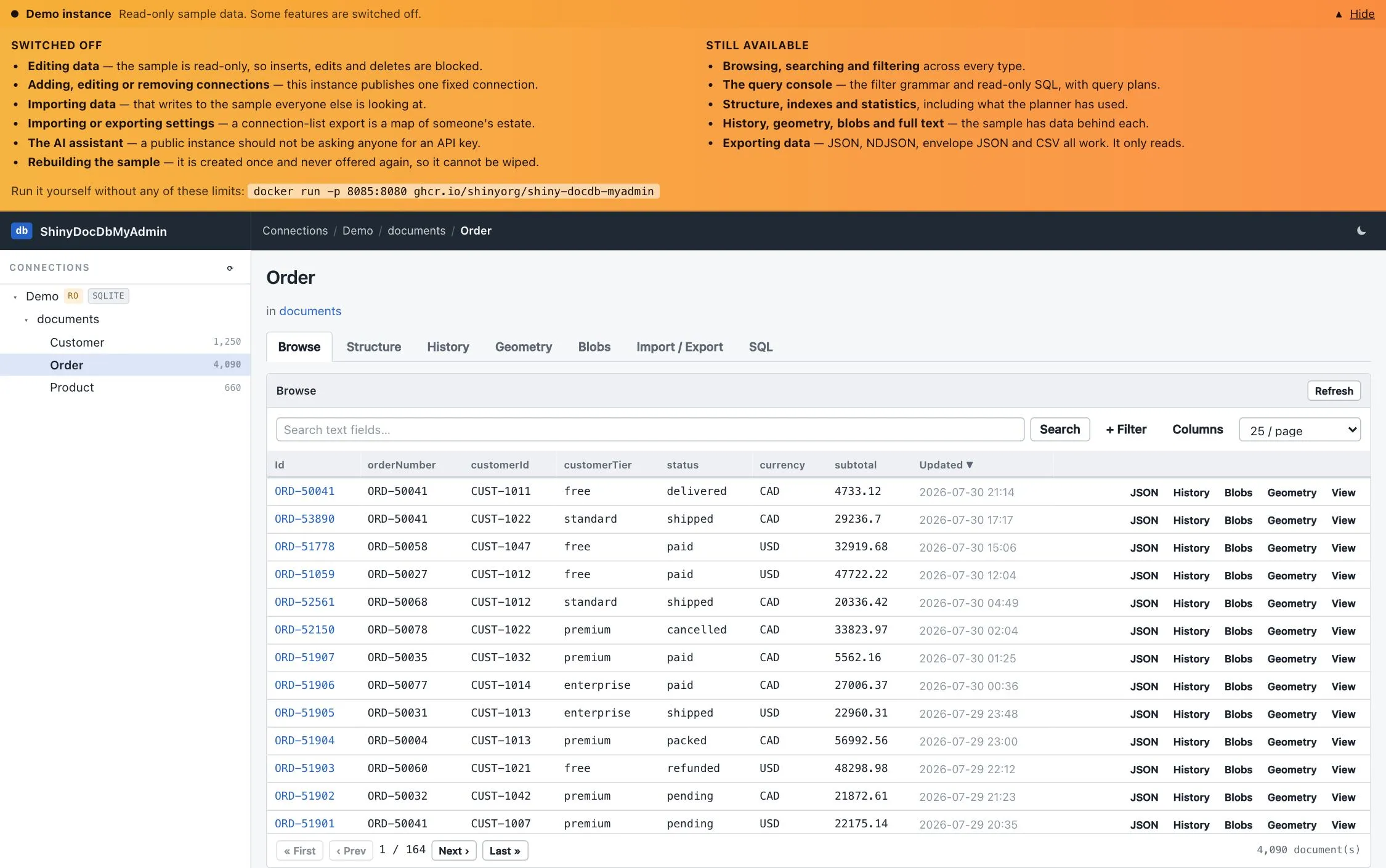 A demo instance with the band expanded, listing what is switched off beside what is still available, above a browse grid with no edit or delete controls