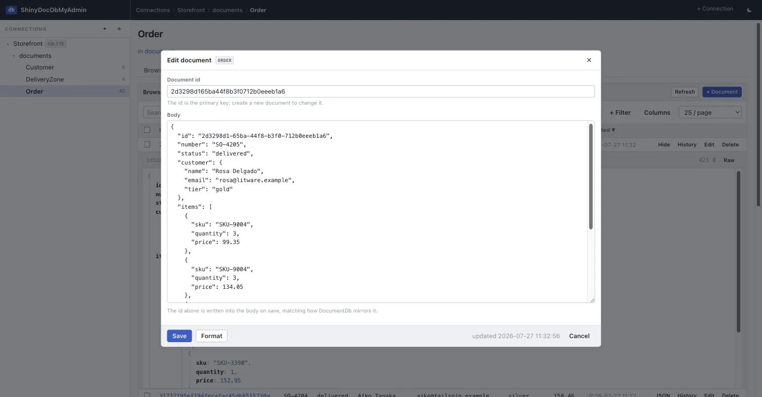The edit document dialog showing the id field and a formatted JSON body