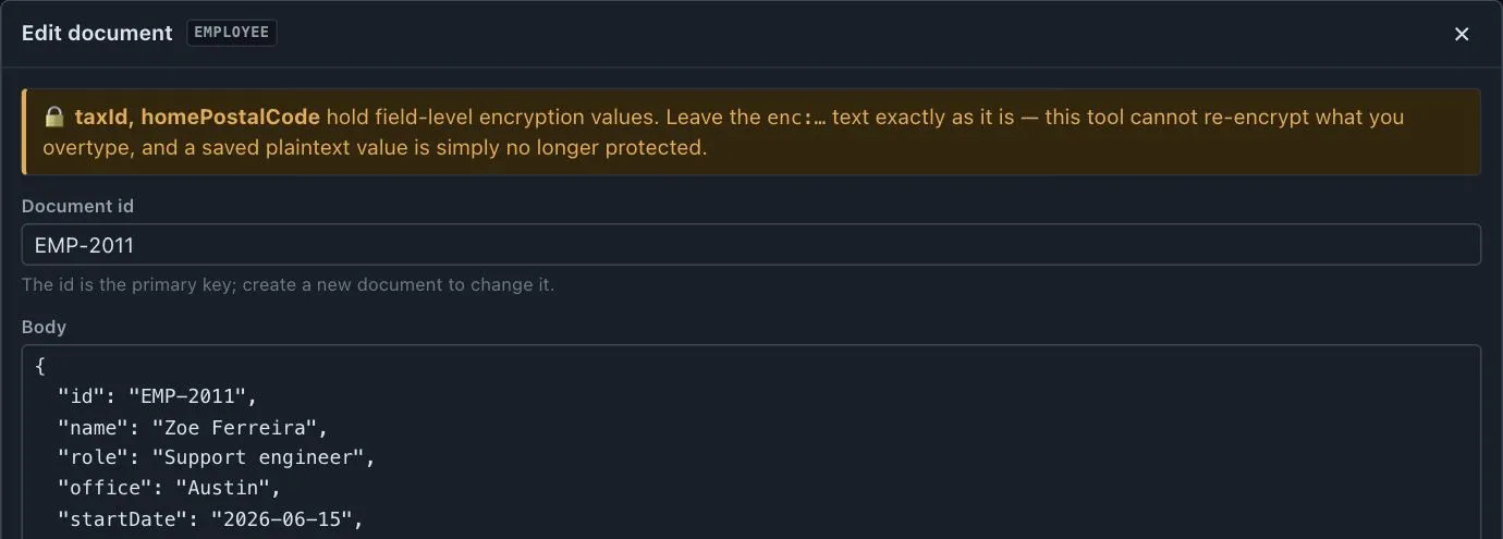 Document editor with a banner naming the two encrypted paths before any typing has happened