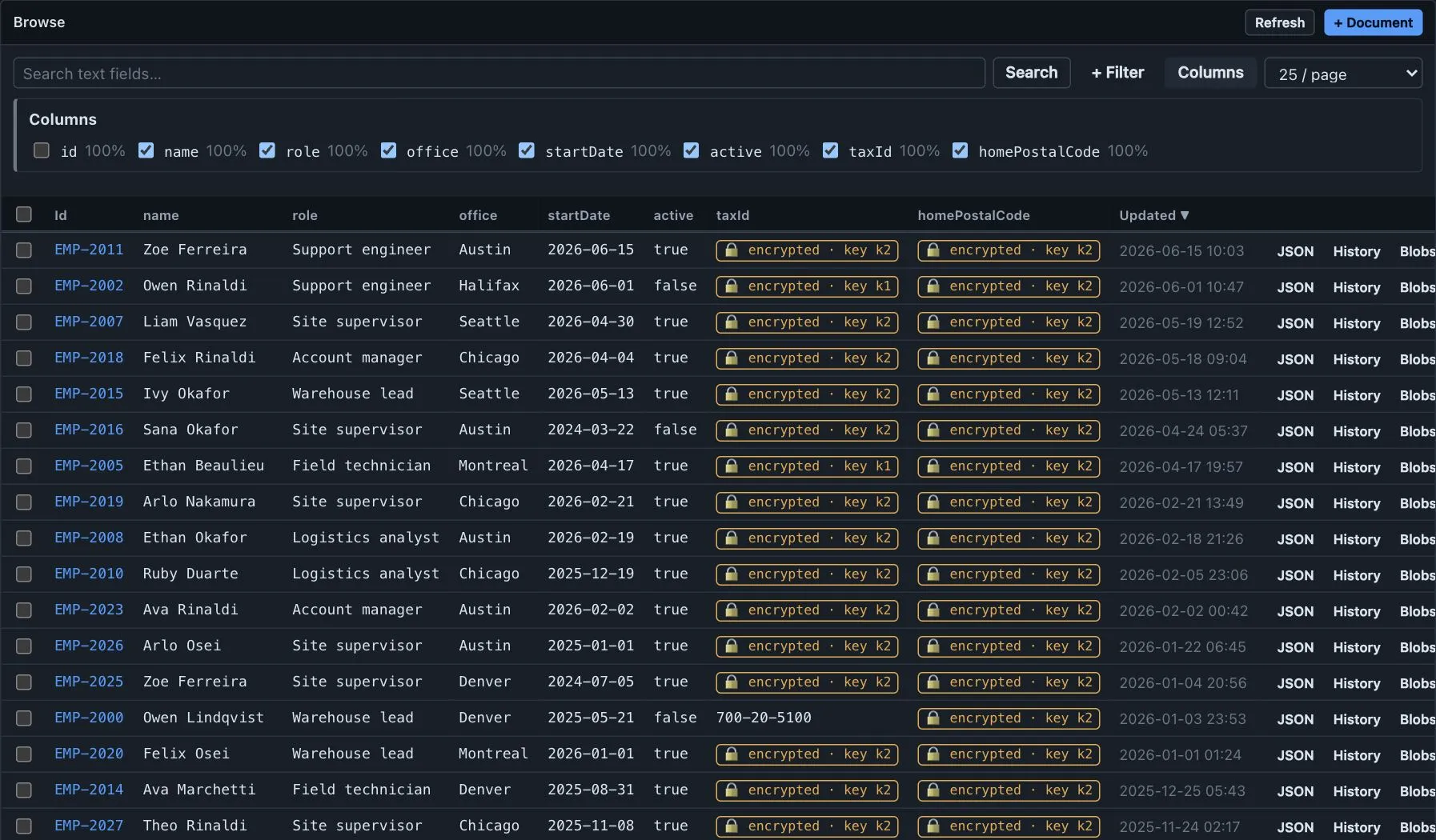 Browse grid with the protected columns switched on, each cell reading 'encrypted · key k2' and one row still showing a plaintext tax id