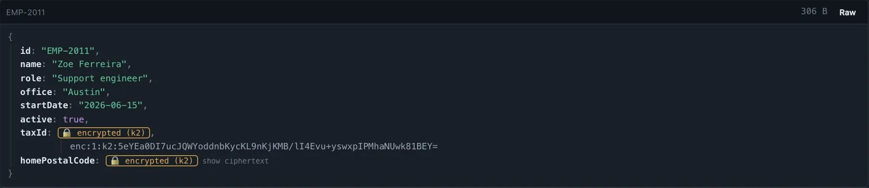 JSON view of one document: two encrypted fields shown as chips, one of them expanded to reveal its stored ciphertext