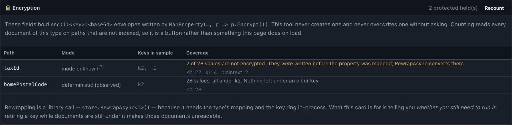 Encryption card listing two protected paths with their observed mode, the key ids in the sample, and per-key counts across the whole type