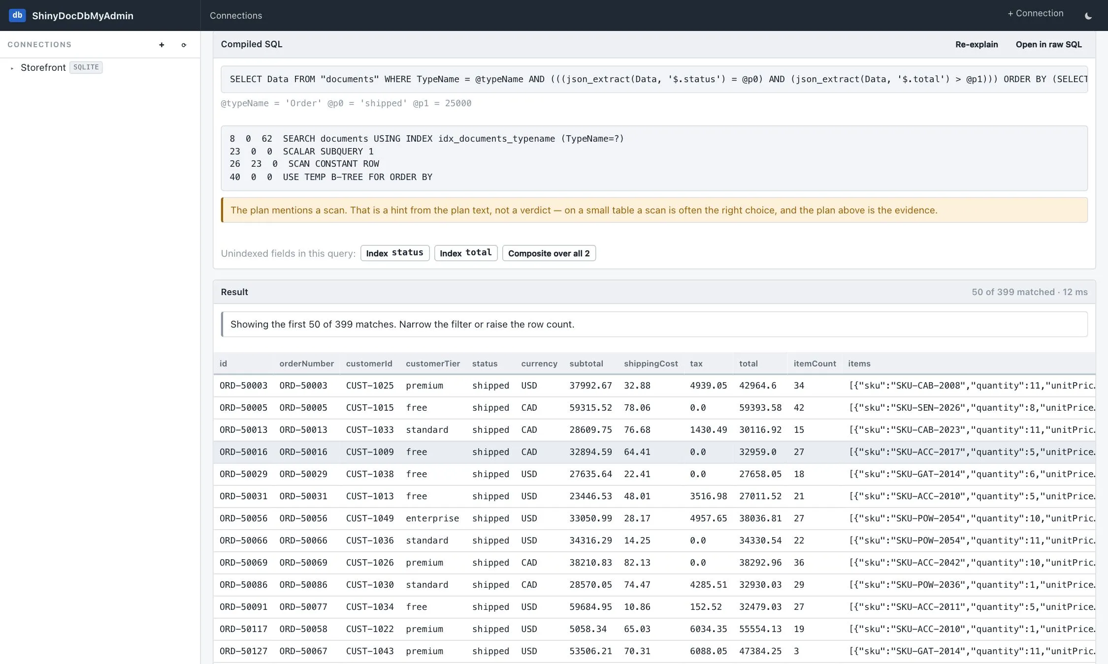 A SQLite query plan with the scan hint and one-click index buttons for the unindexed fields in the query