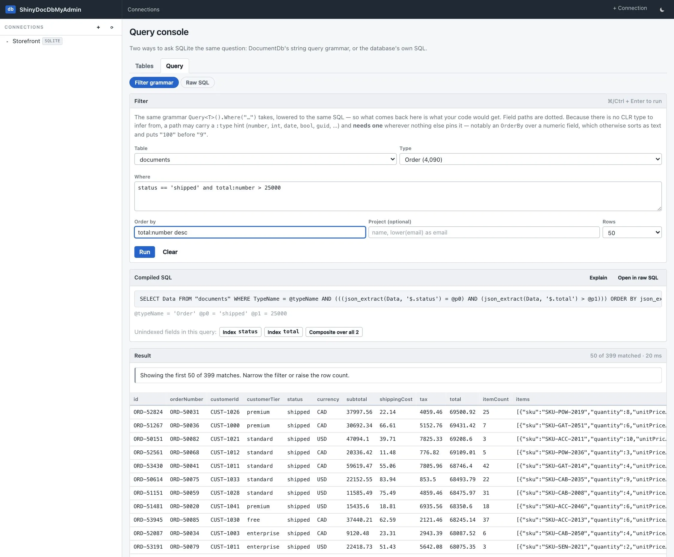 Query console in filter-grammar mode with the compiled SQL, its bound parameters and the matching rows