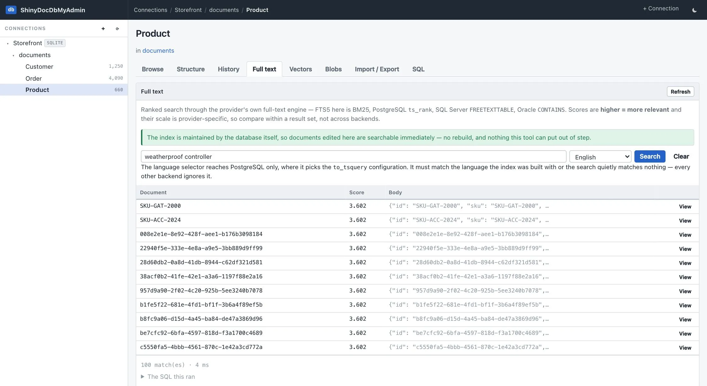 Full text tab searching the Product type, with BM25 scores and the SQL that ran