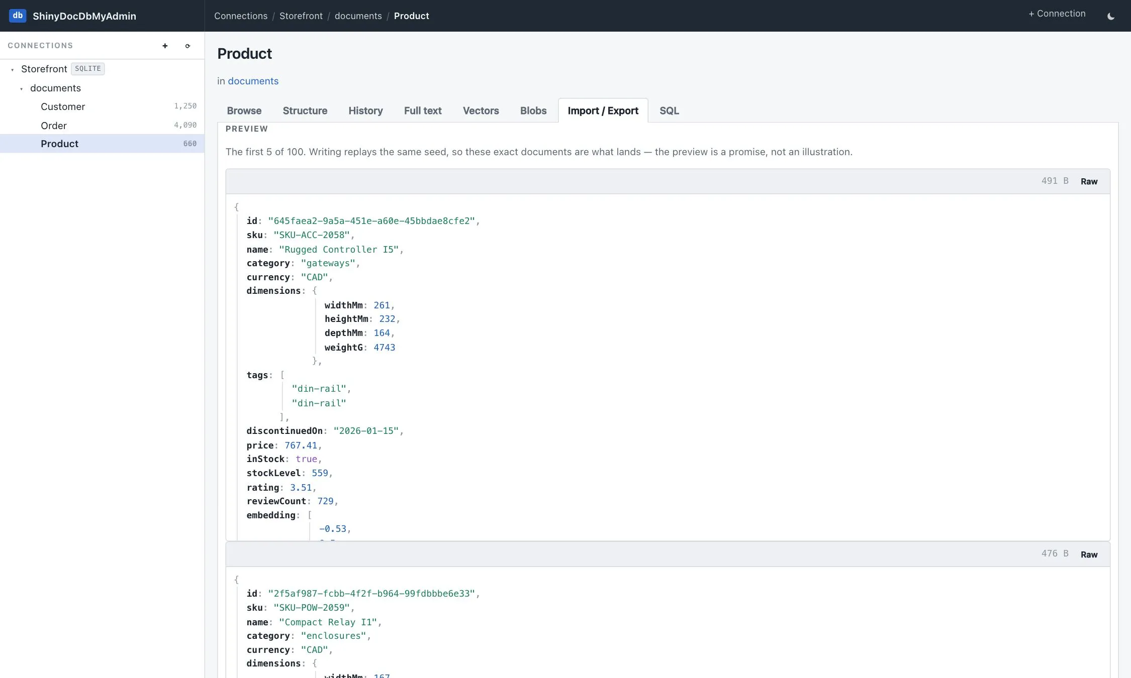 Preview showing the first generated documents in full before anything is written