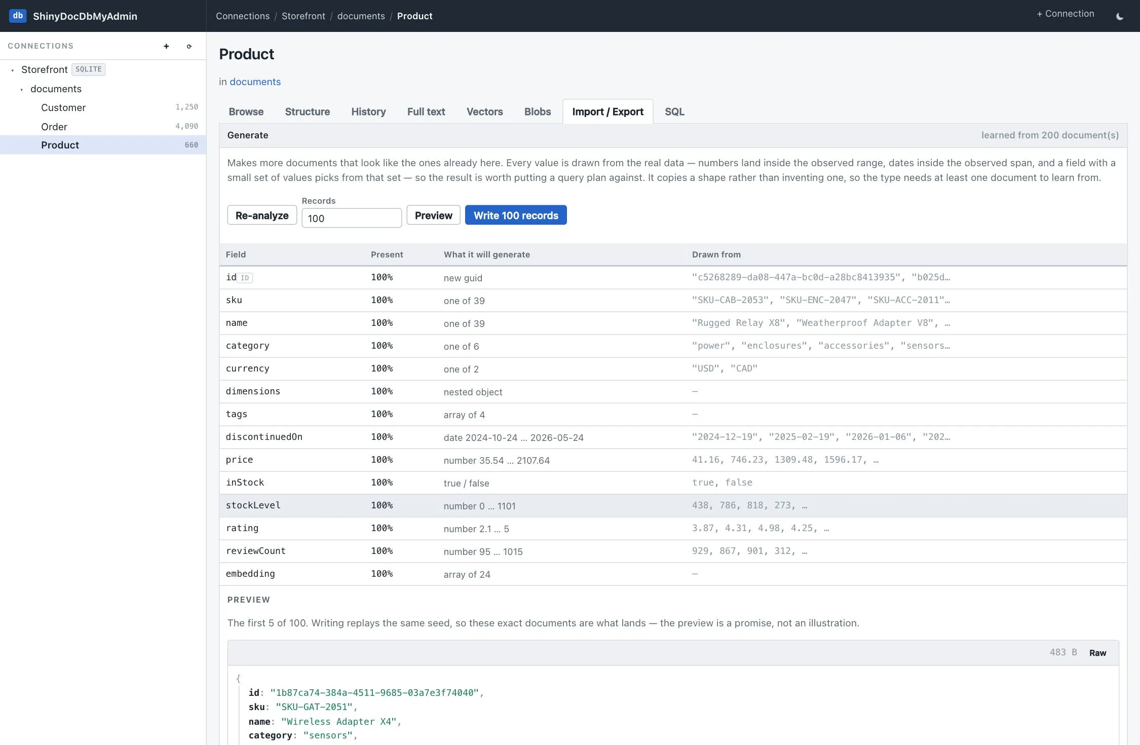Generate panel reporting what it inferred per field — presence, what it will generate, and the values it will draw from