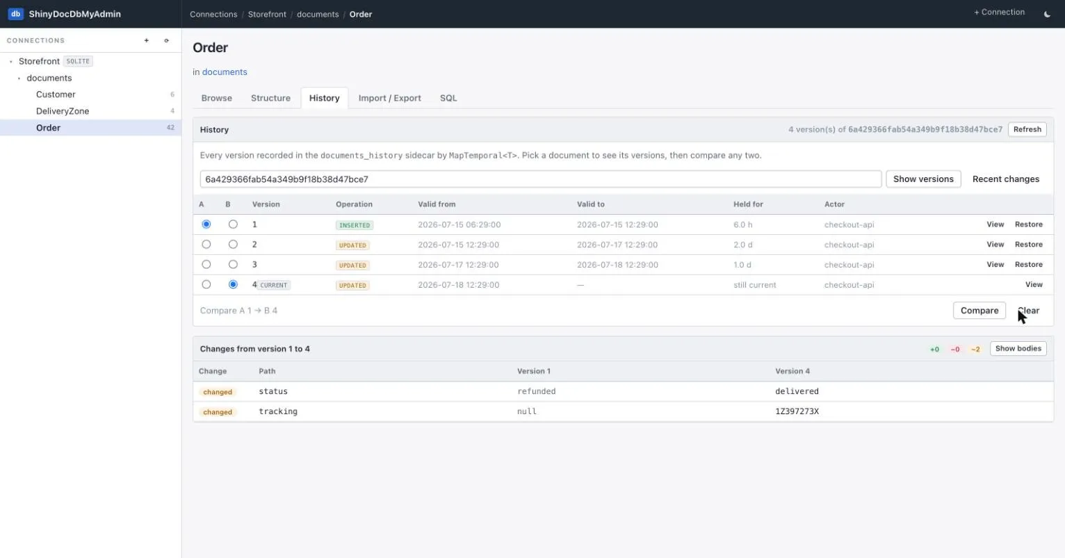Version timeline for one document with a field-level diff between version 1 and version 4