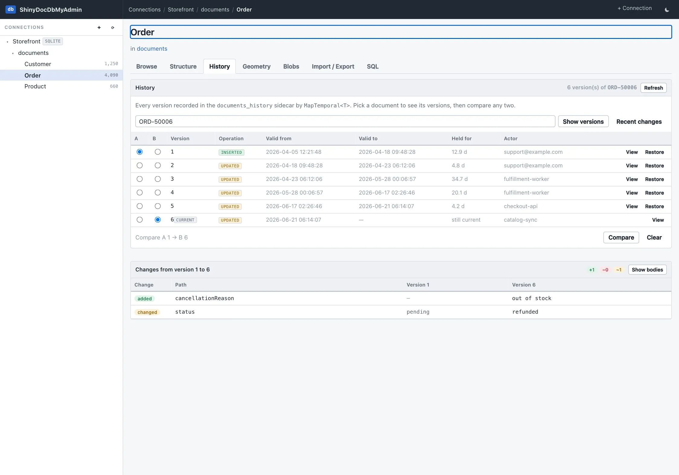 Version timeline for one document with a field-level diff between version 1 and version 6