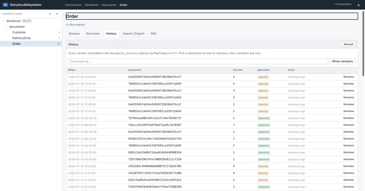 History tab showing an audit log of versions across the Order type