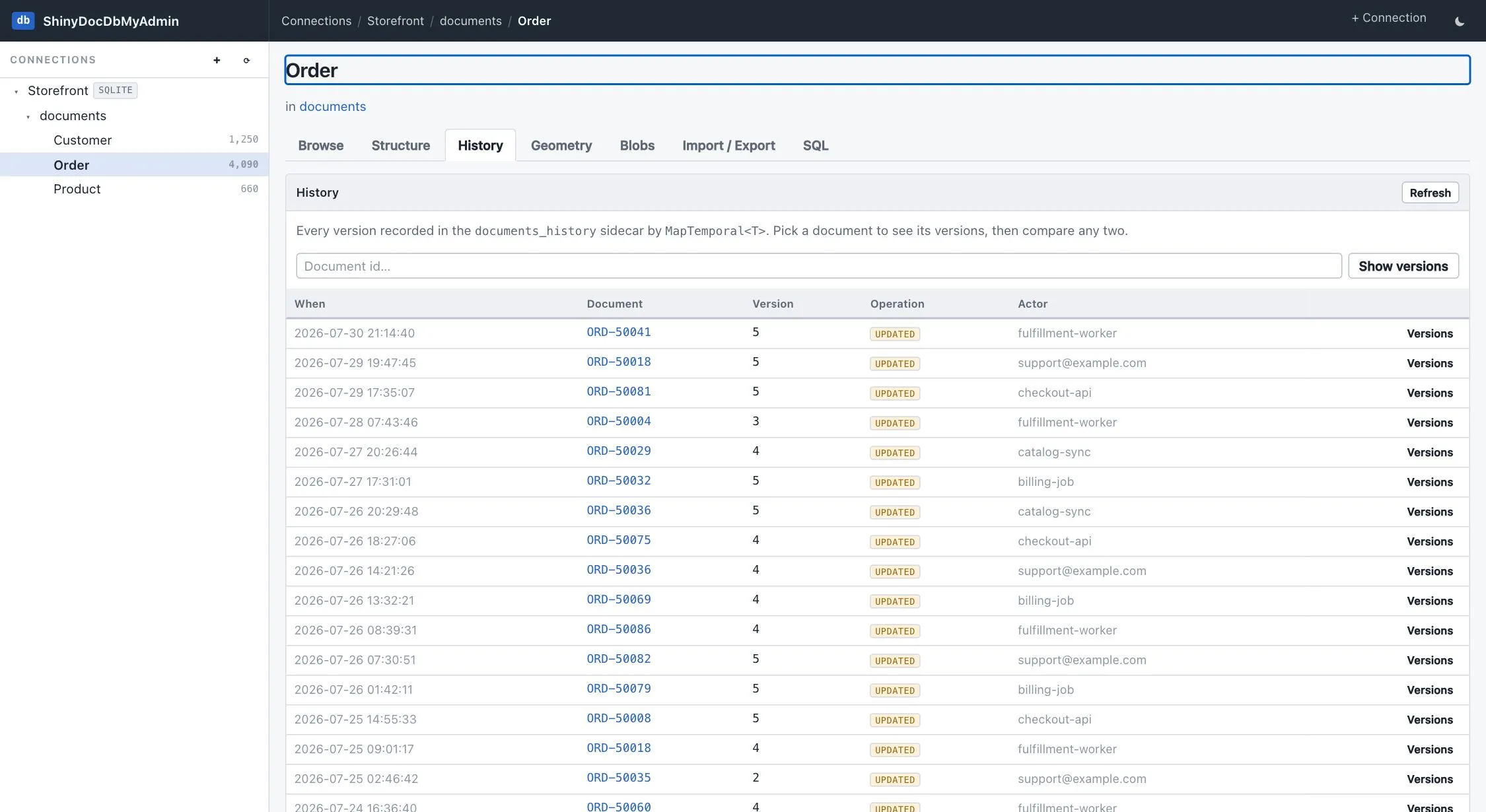 History tab showing an audit log of recent versions across the Order type