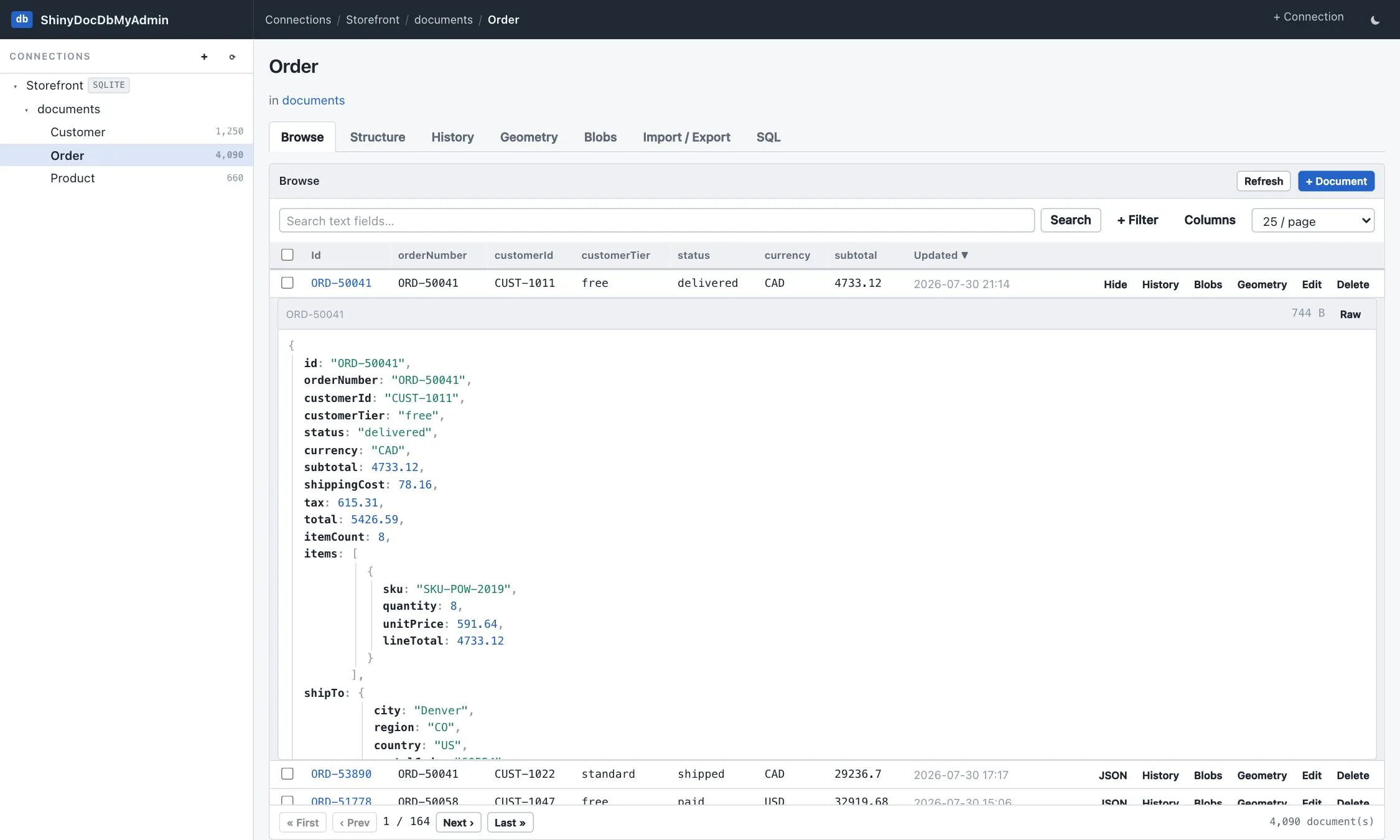 A browse row expanded into a formatted, collapsible JSON view