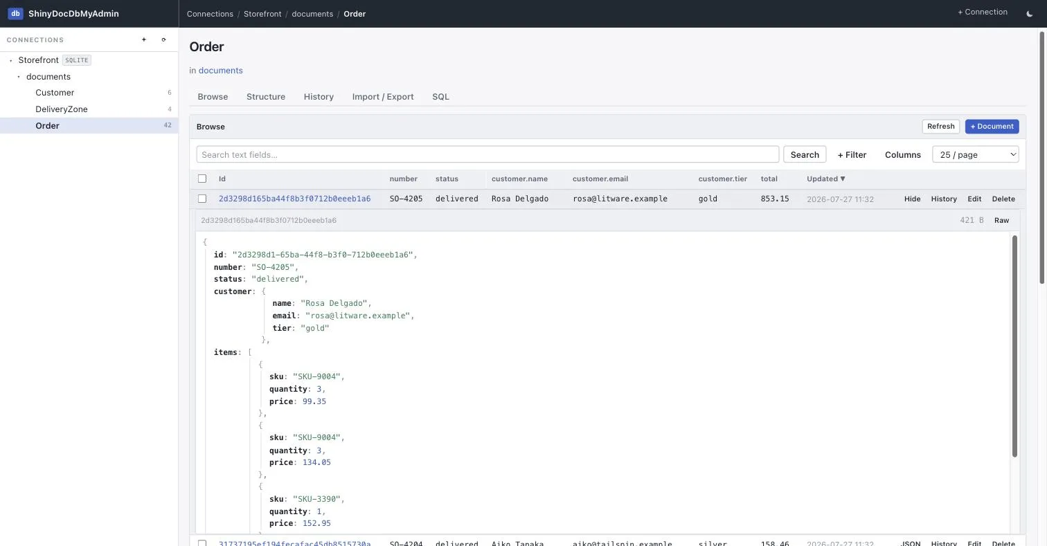 A browse row expanded into a formatted, collapsible JSON view
