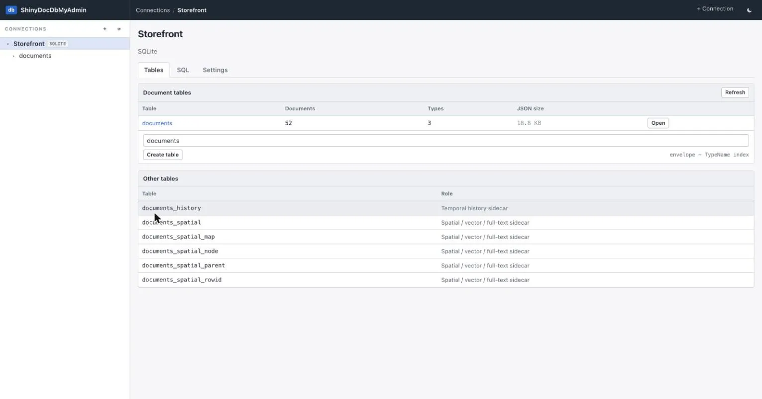 Database overview listing the documents table alongside its temporal and spatial sidecars