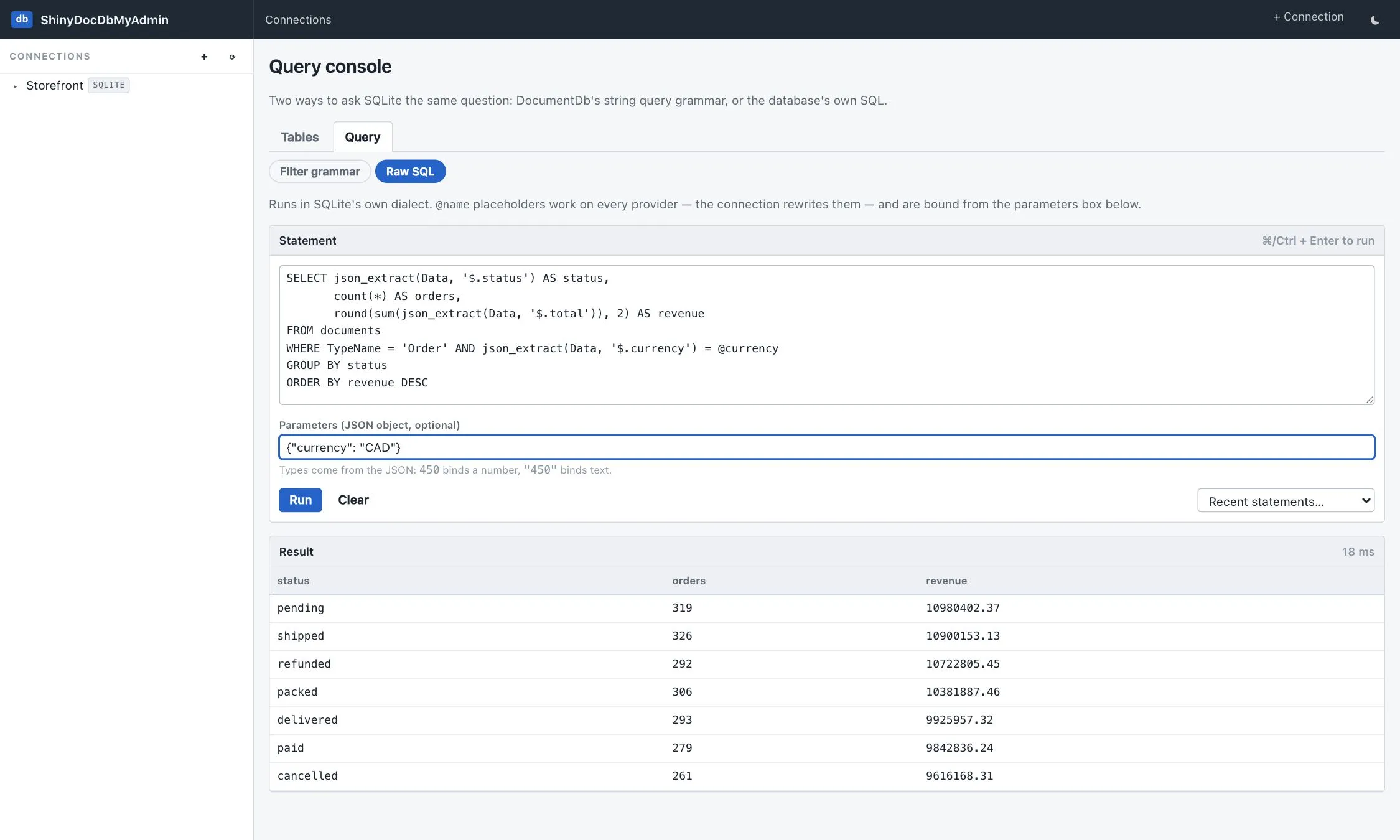 Raw SQL mode running a parameterised aggregate over the documents table with its result grid