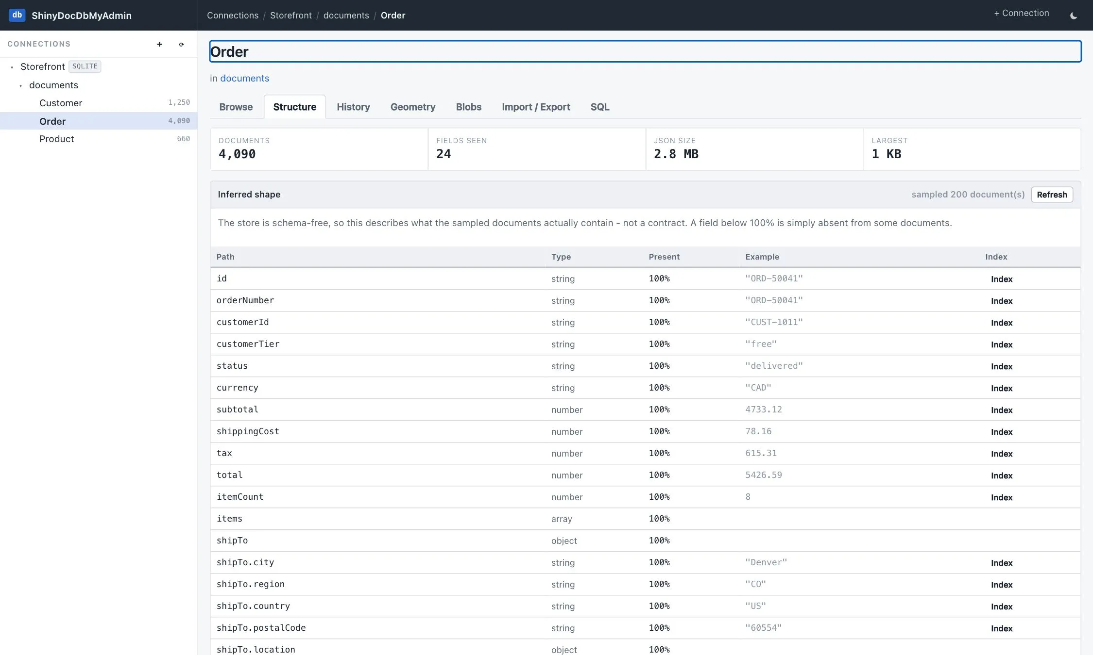 Structure tab showing inferred paths, types, presence percentages and per-path index buttons