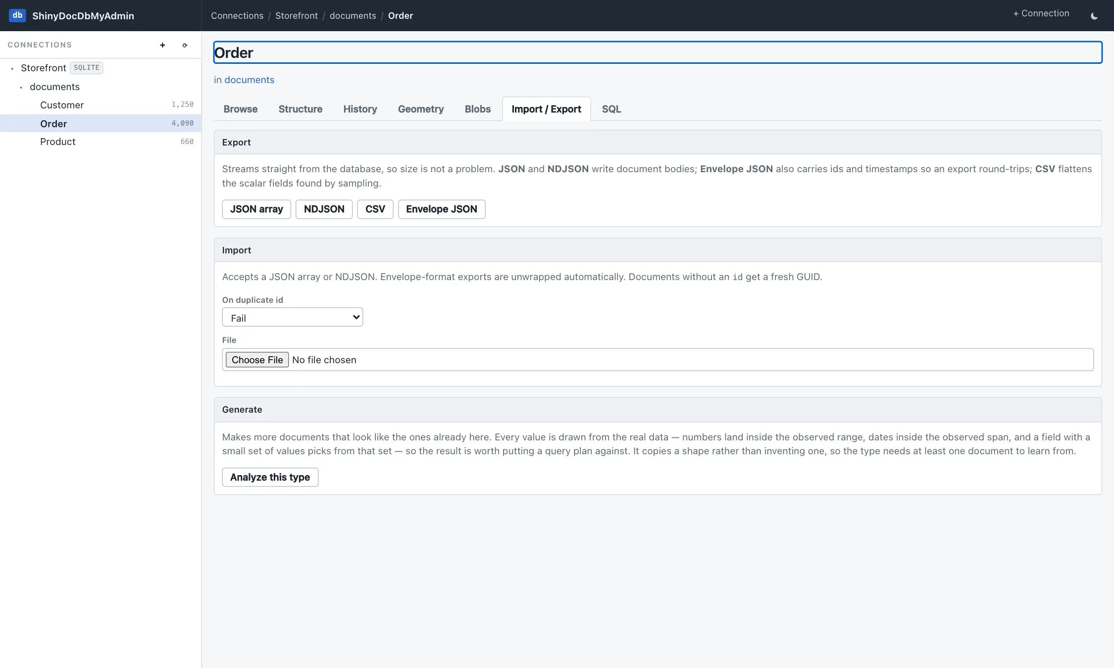 Import and export tab offering JSON array, NDJSON, CSV and envelope JSON exports