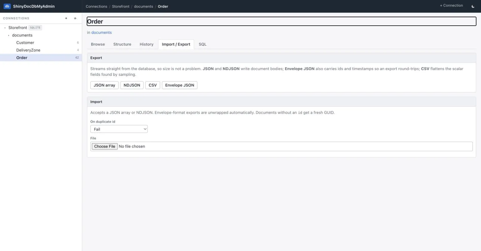Import and export tab offering JSON array, NDJSON, CSV and envelope JSON exports