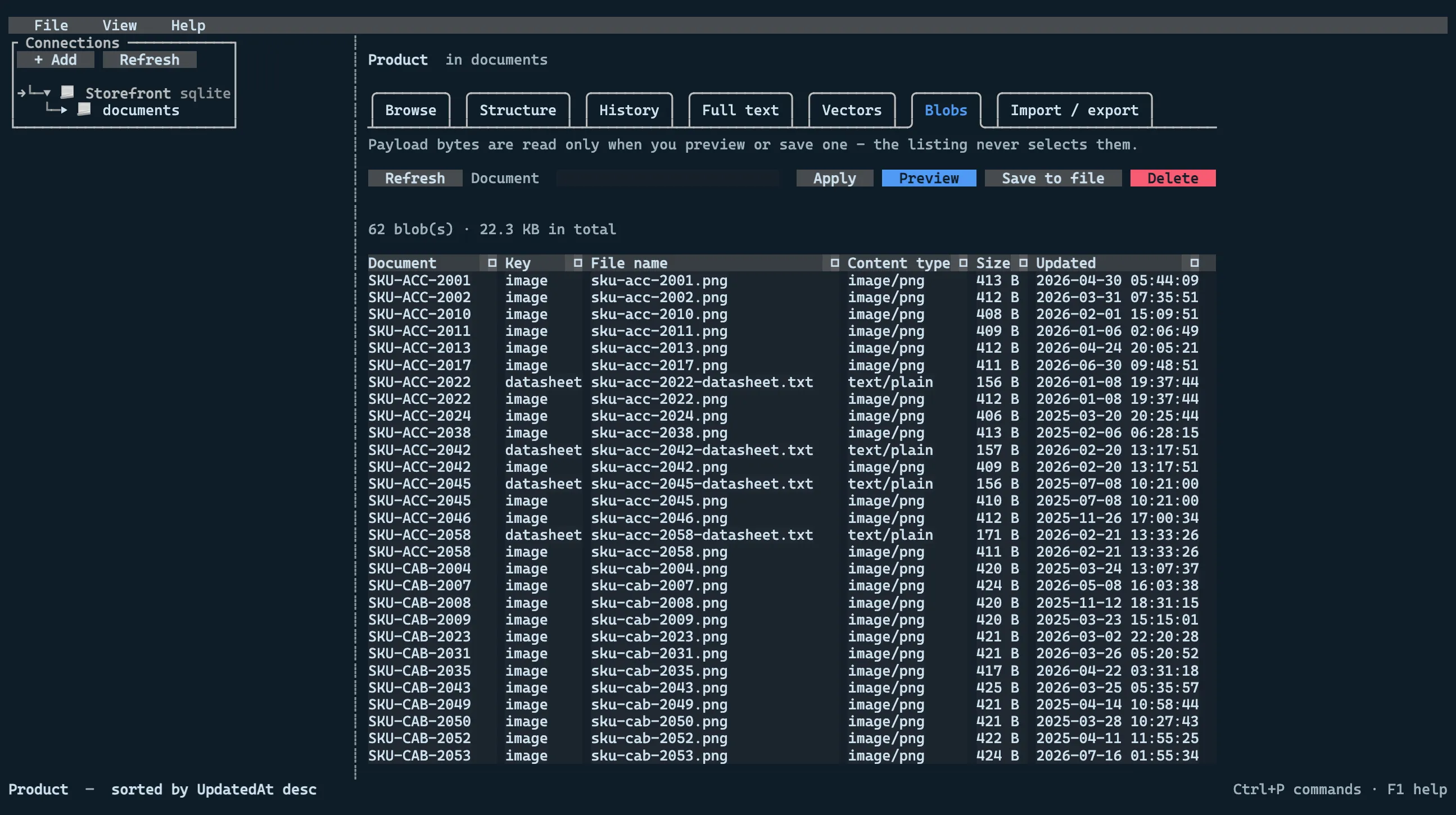 Attached payloads for the Product type with their content types, sizes and timestamps