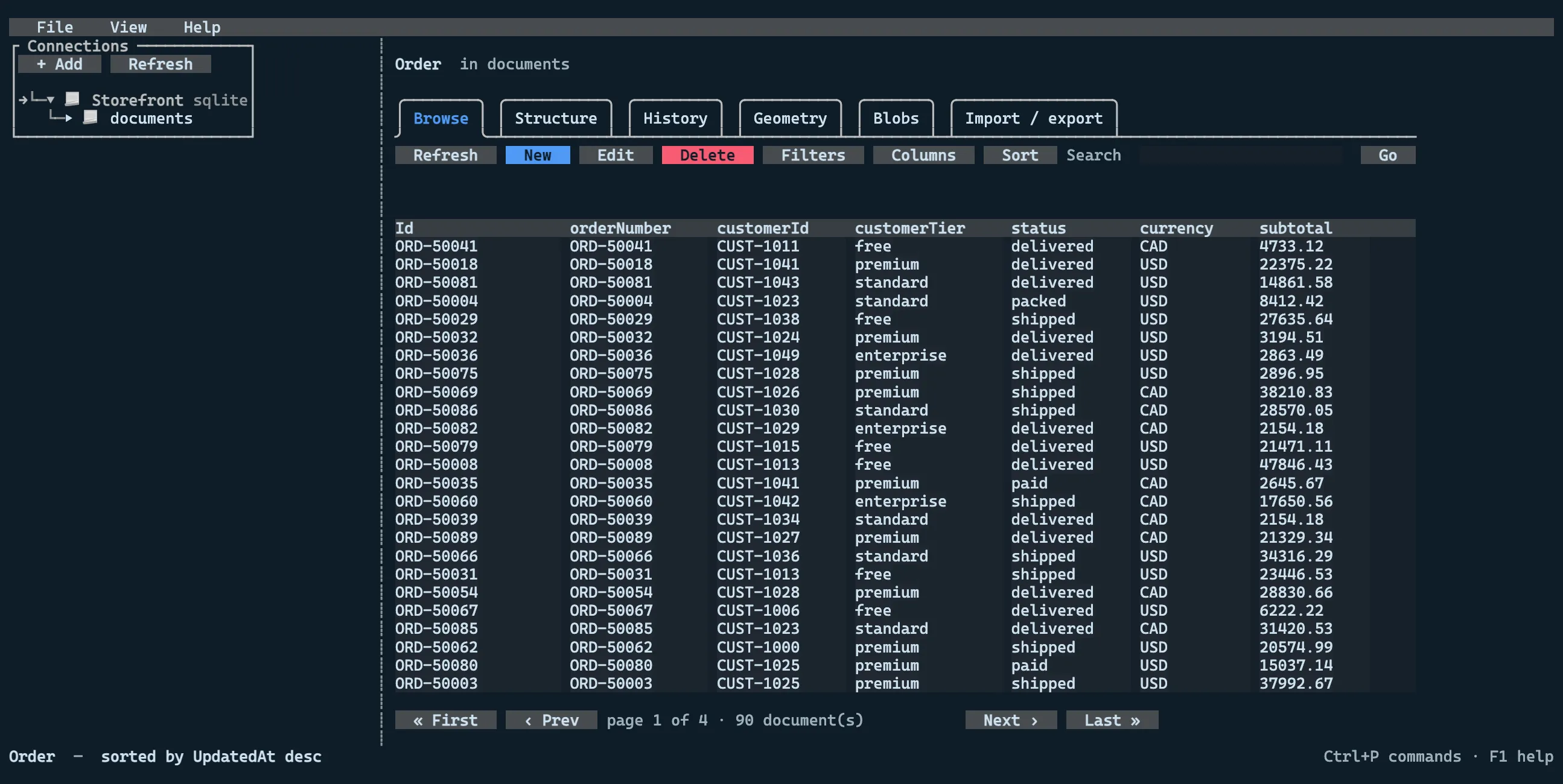 The browse grid for the Order type, with columns inferred from the JSON bodies and the explorer tree on the left