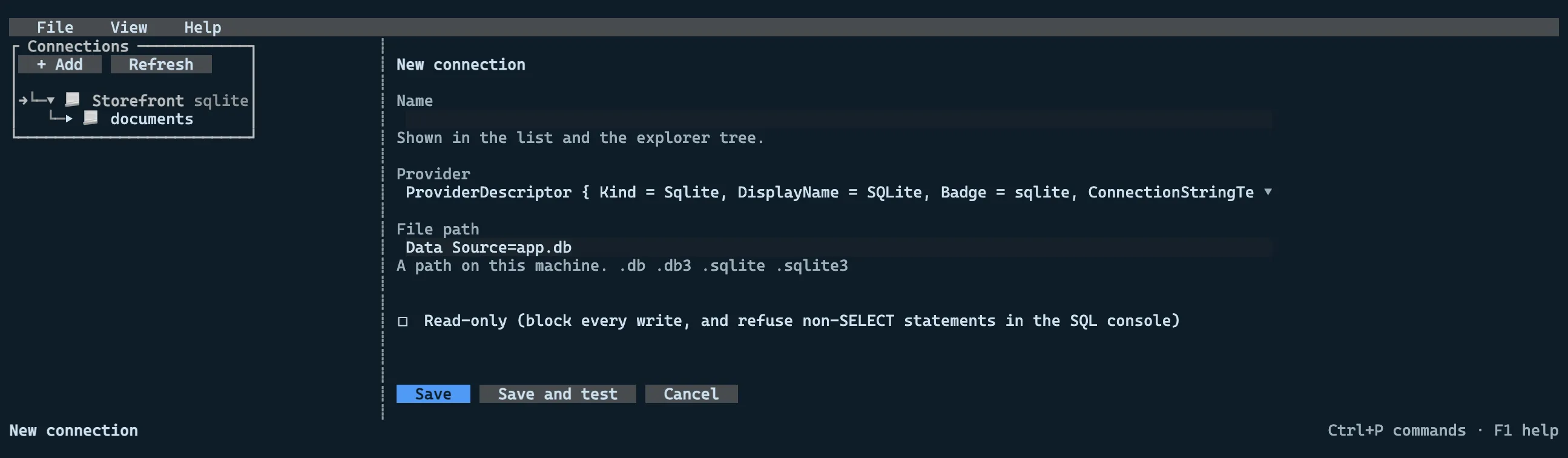 The new-connection form with provider picker, connection string, and the read-only toggle