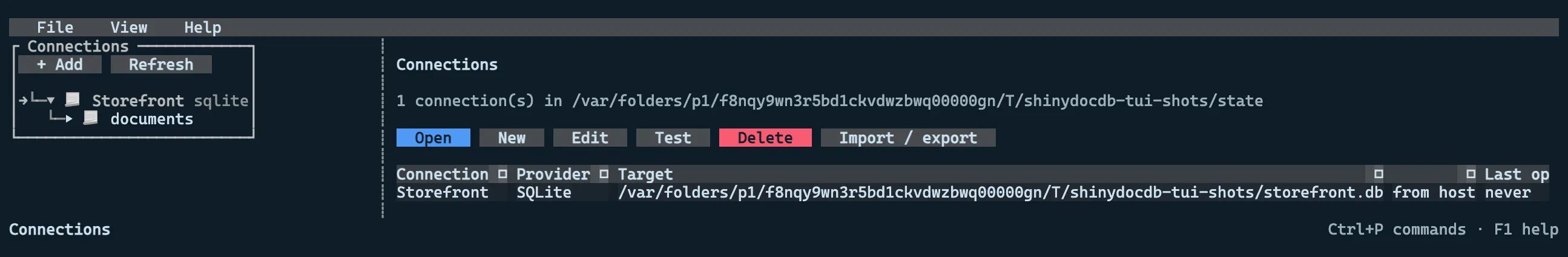 The connection list showing a host-provided SQLite connection with its provider, target and last-opened time