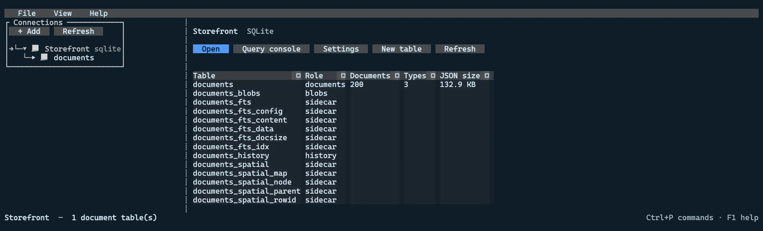 The database overview listing the documents table with its statistics and the history and blob sidecars beneath it