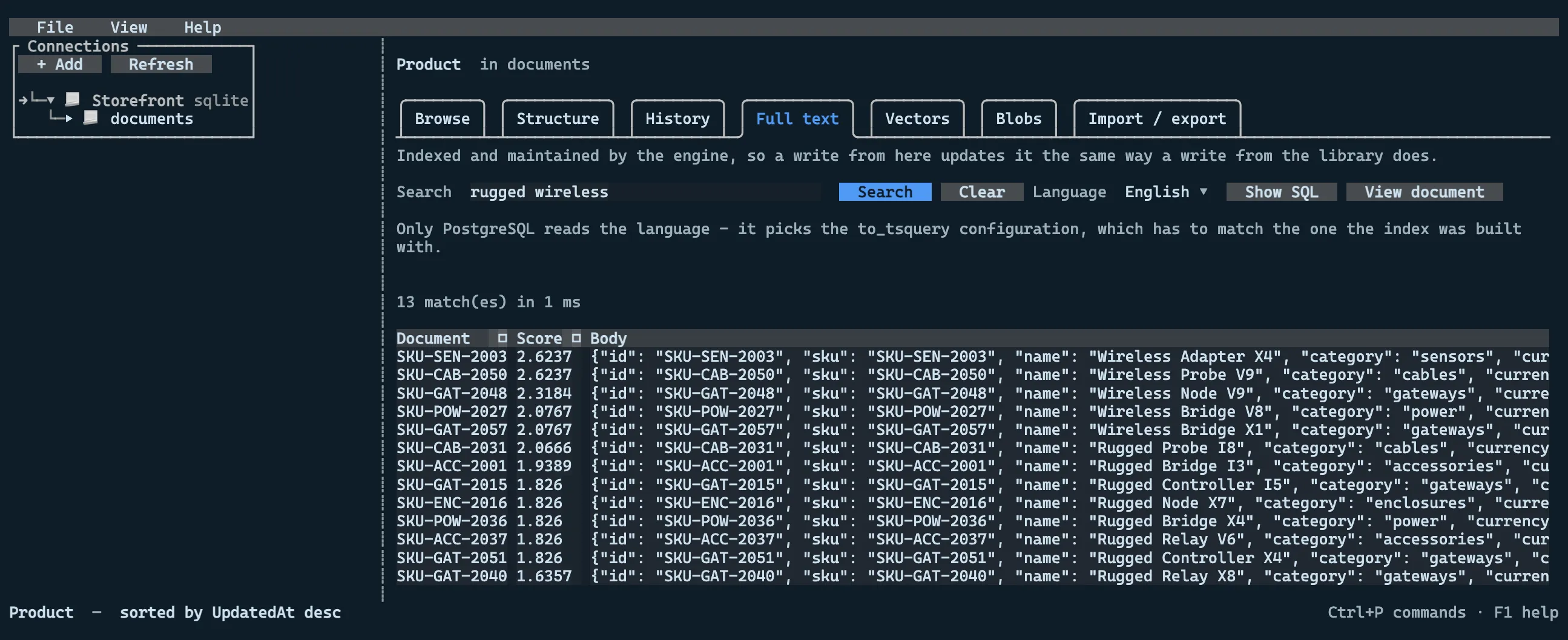 A ranked full-text search for 'rugged wireless' across the Product type, with BM25 scores