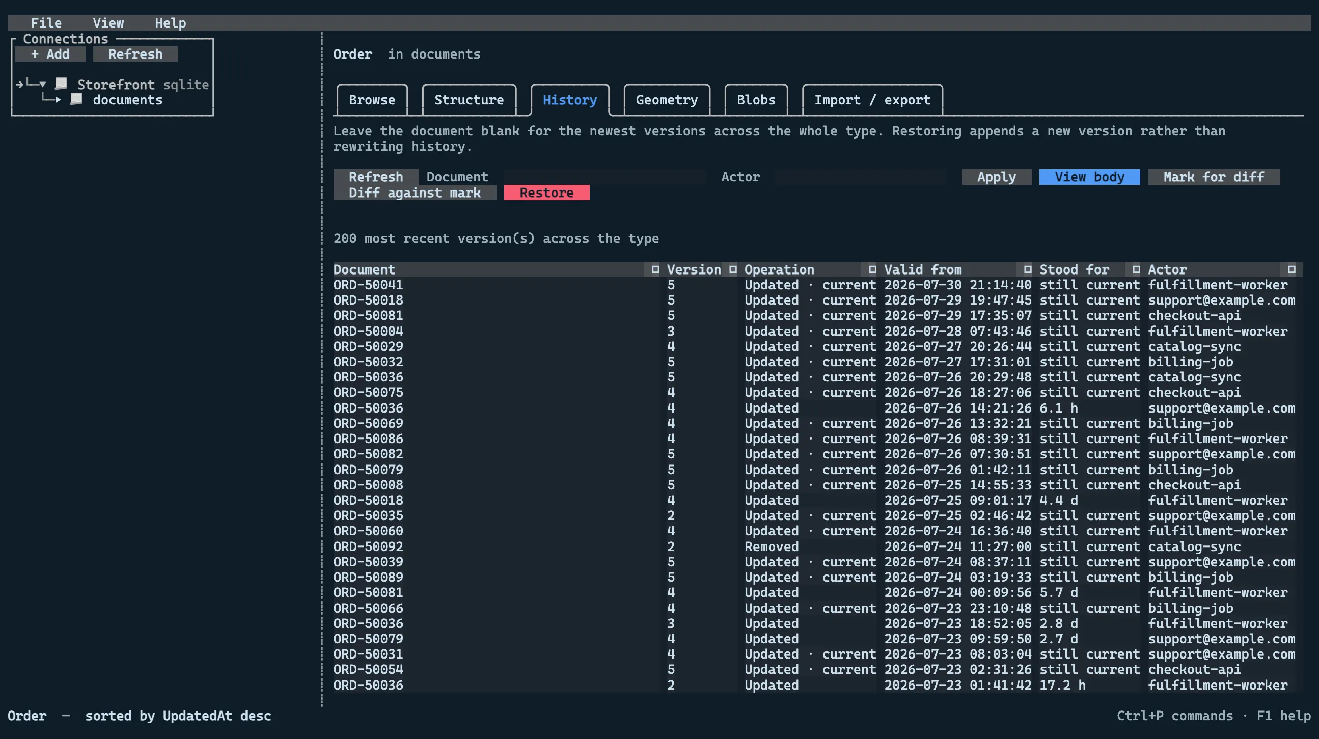 The temporal history for the Order type, one row per version with operation, interval, duration and actor