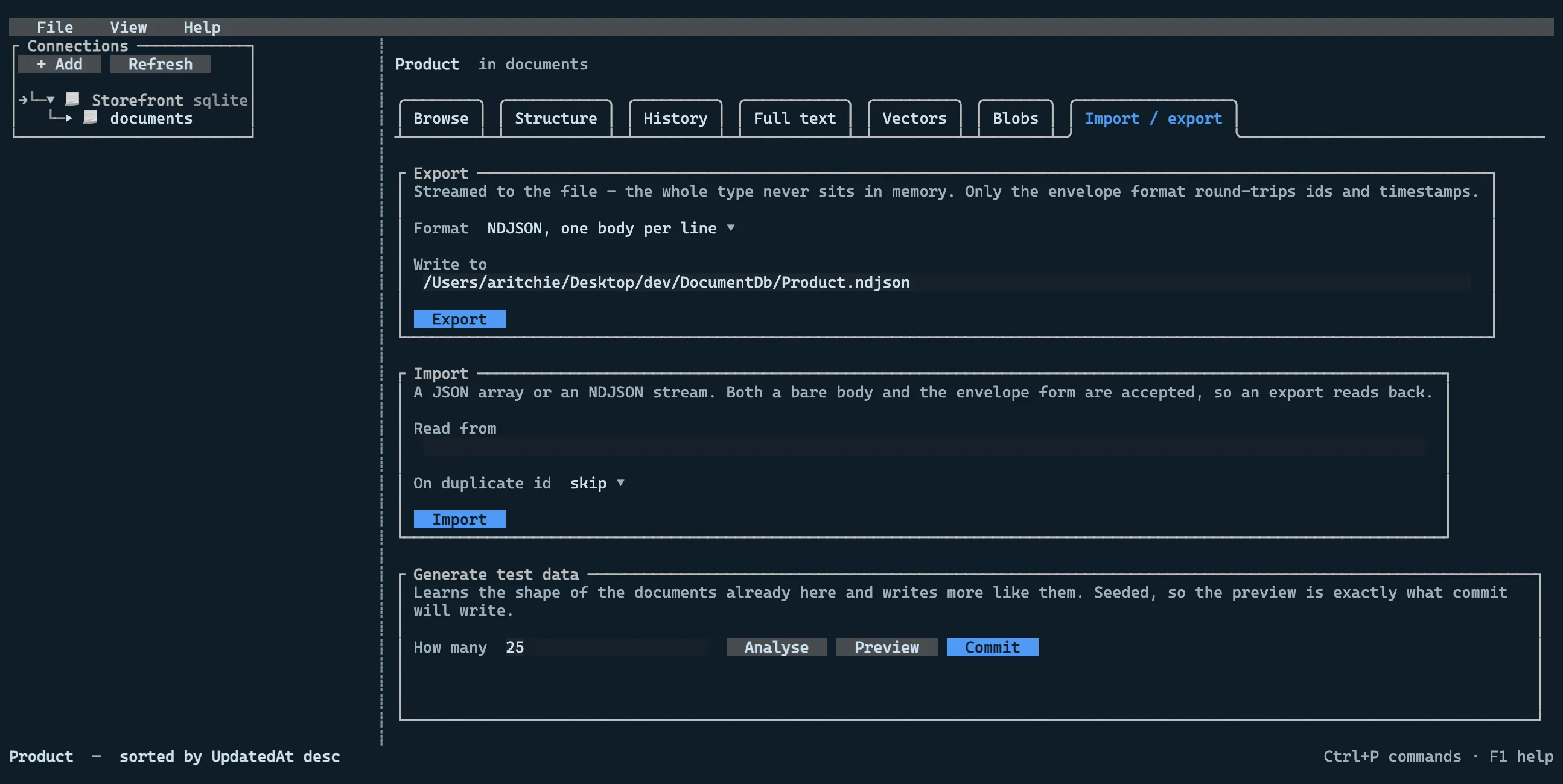 Per-type document export, import and the test-data generator