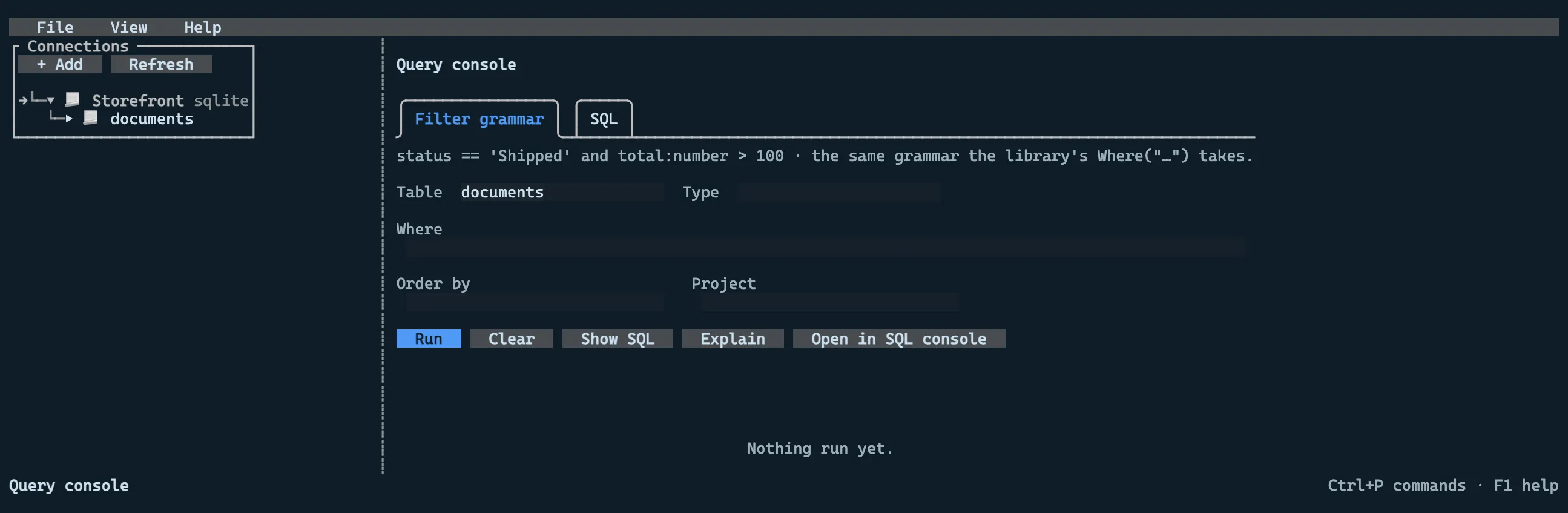 The filter grammar console, with the table, type, where, order-by and project fields