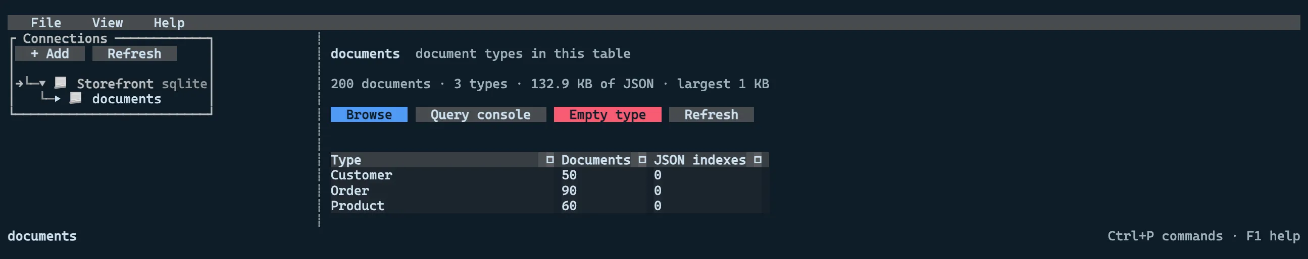 The type list for the documents table, with document and index counts per type