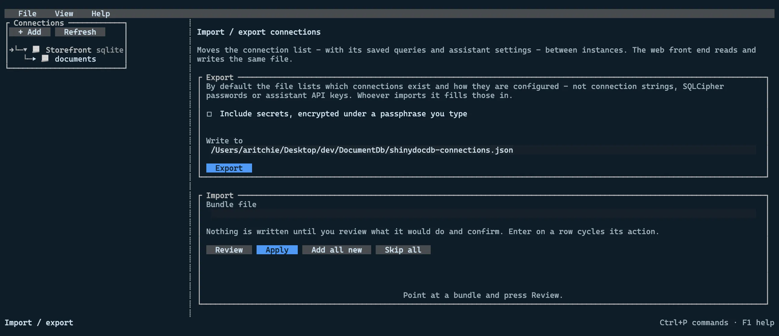 The transfer screen: export options above, and an import review listing each connection with its action
