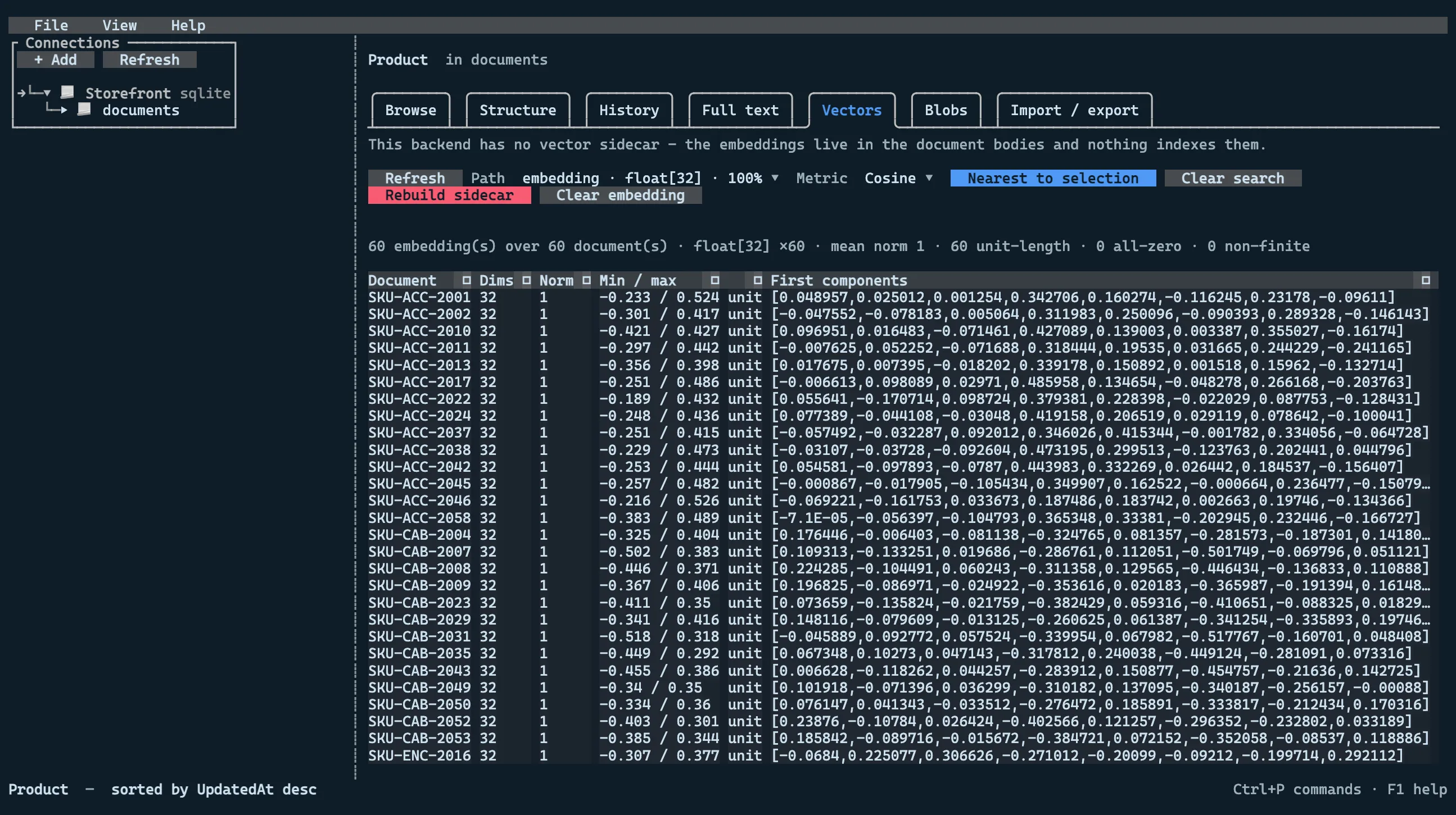 Embedding statistics for the Product type: dimensions, norms and per-document components