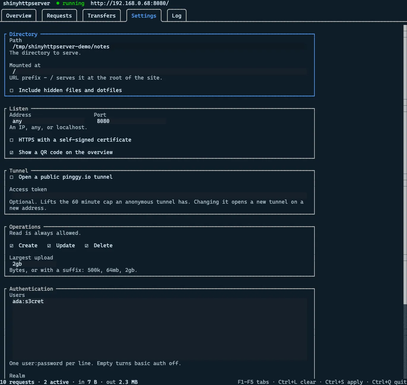 The Settings tab: the directory and prefix, address and port, HTTPS and QR code switches, the tunnel and its token, the create, update and delete operations, the upload limit, and the users