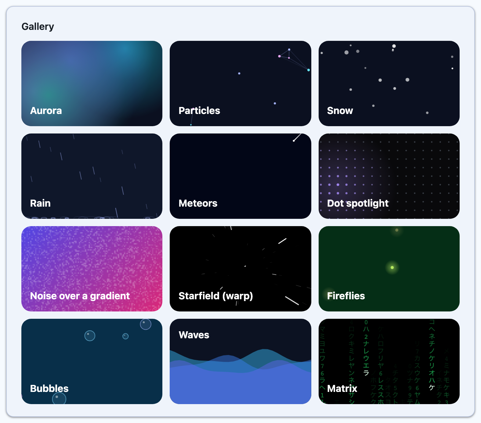 All twelve effects in the Blazor gallery: aurora, particles, snow, rain, meteors, dot spotlight, noise, starfield, fireflies, bubbles, waves and Matrix