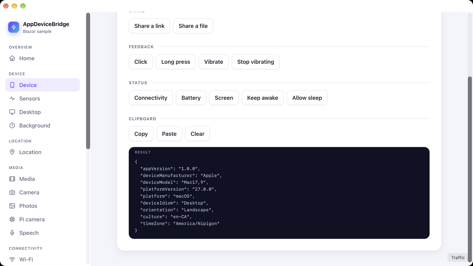 The sample's Device page in the macOS app, showing GET app/info for the Mac it runs on