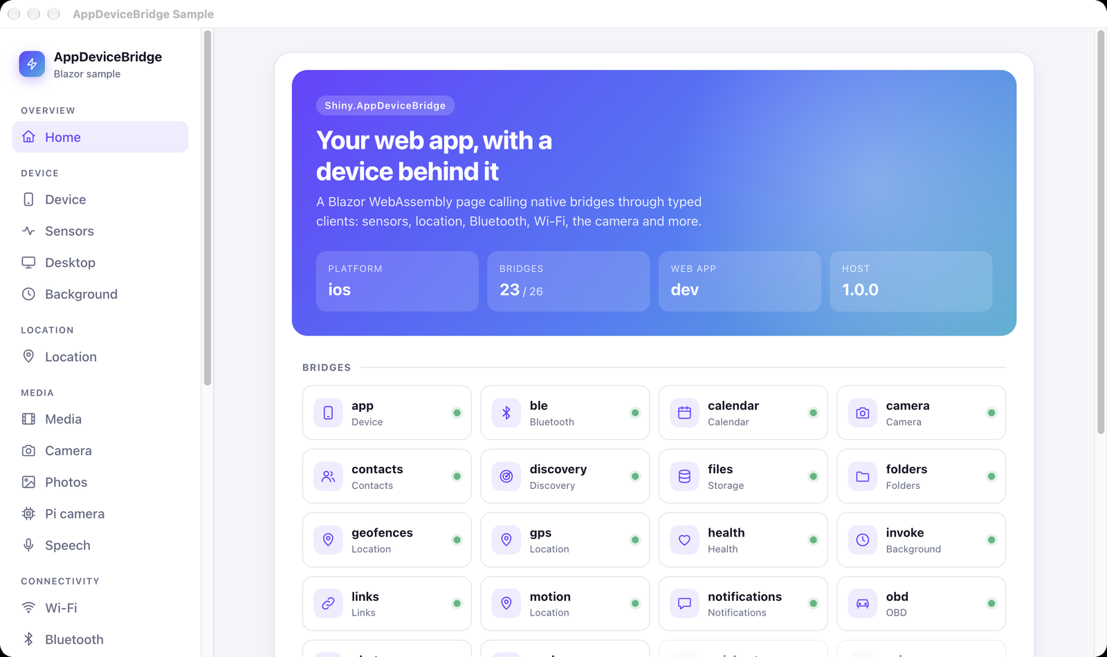 The Blazor sample in Chrome, served by the simulator: platform ios, 23 of 26 bridges, contacts, geofences, gps and health all available