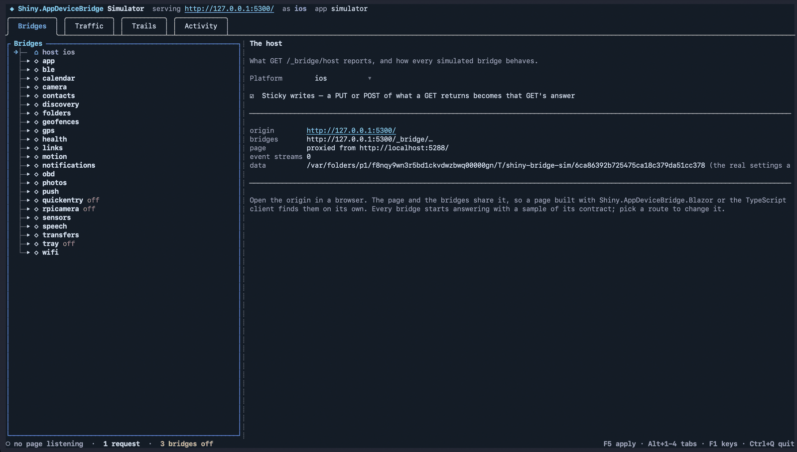 The simulator's Bridges tab: a tree of every bridge, with the host reporting ios, and quickentry, rpicamera and tray switched off