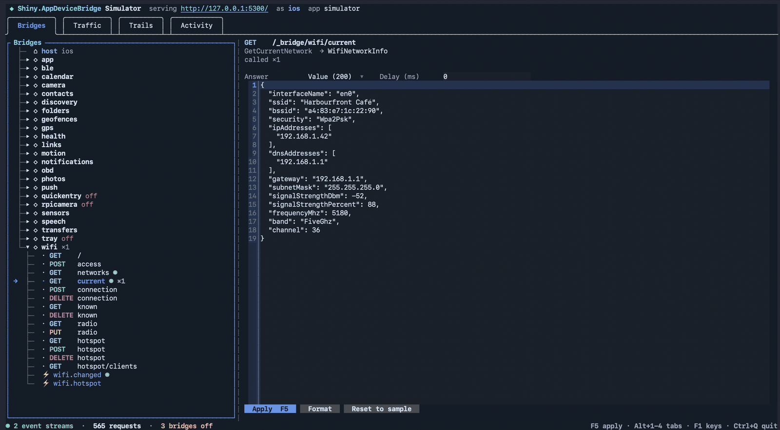 The wifi GET current route editor in the simulator, answering a Harbourfront Café network