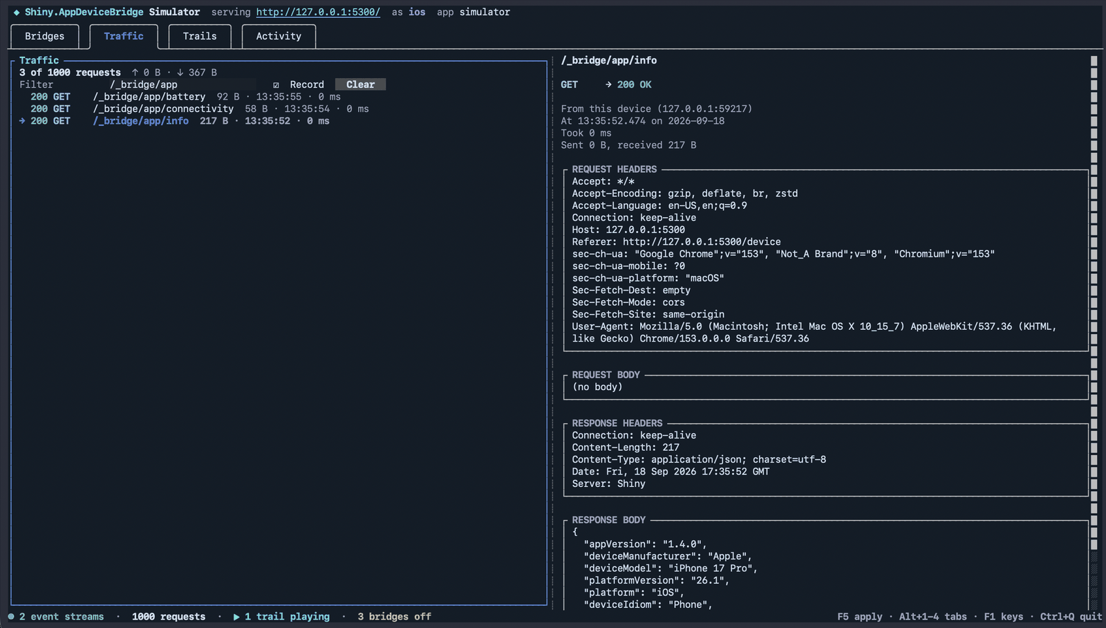The Traffic tab filtered to /_bridge/app, showing GET info returning an iPhone 17 Pro to a request from Chrome on macOS