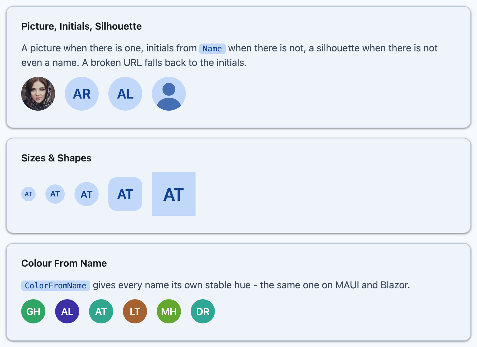 Picture, initials and silhouette avatars, sizes and shapes, and colour-from-name avatars in the Blazor sample