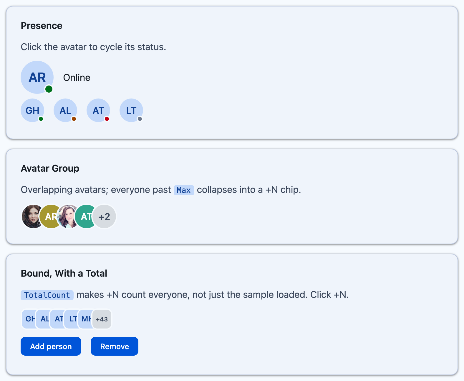 Presence statuses, an overlapping AvatarGroup with a +2 chip, and a bound group with a +43 total on Blazor