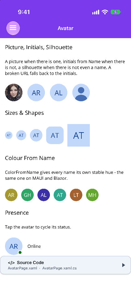 Avatars on iOS showing a picture, initials and a silhouette, five sizes and shapes, and colour-from-name hues